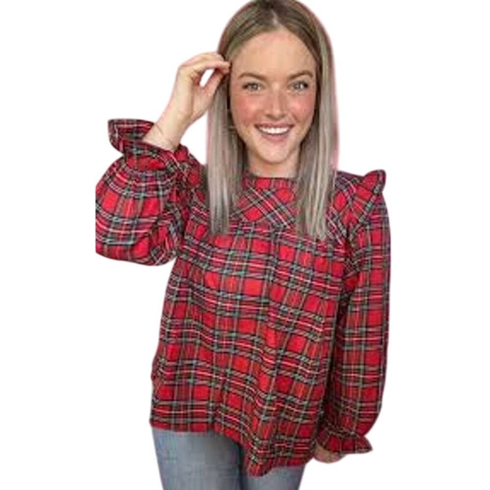 She + Sky Ruffled Green Tartan Plaid Long Sleeve Blouse Top Small Babydoll - Picture 7 of 8